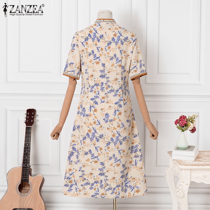 Đầm midi Zanzea ngắn tay in họa tiết phong cách Trung Hoa cổ điển dành cho nữ