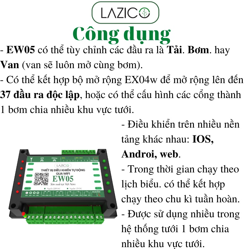 Điều khiển từ xa qua wifi 5 kênh độc lập bằng điện thoại, cấu hình đầu ra thành bơm, van và tải LAZICO EW05