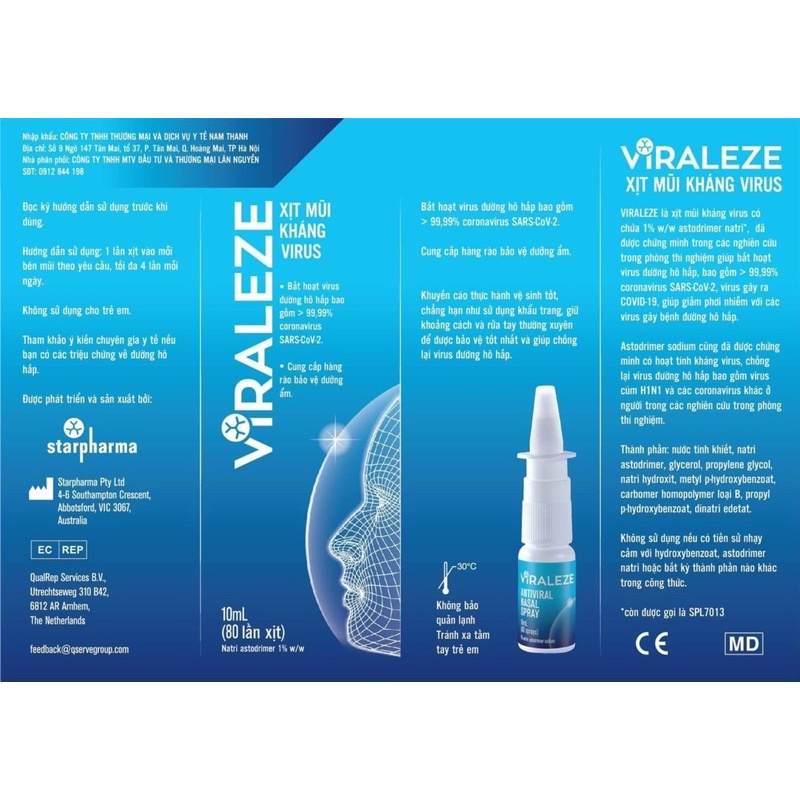 Xịt mũi Viraleze kháng, bất hoạt Covid chính hãng nhập khẩu Bỉ - Chai 10ml