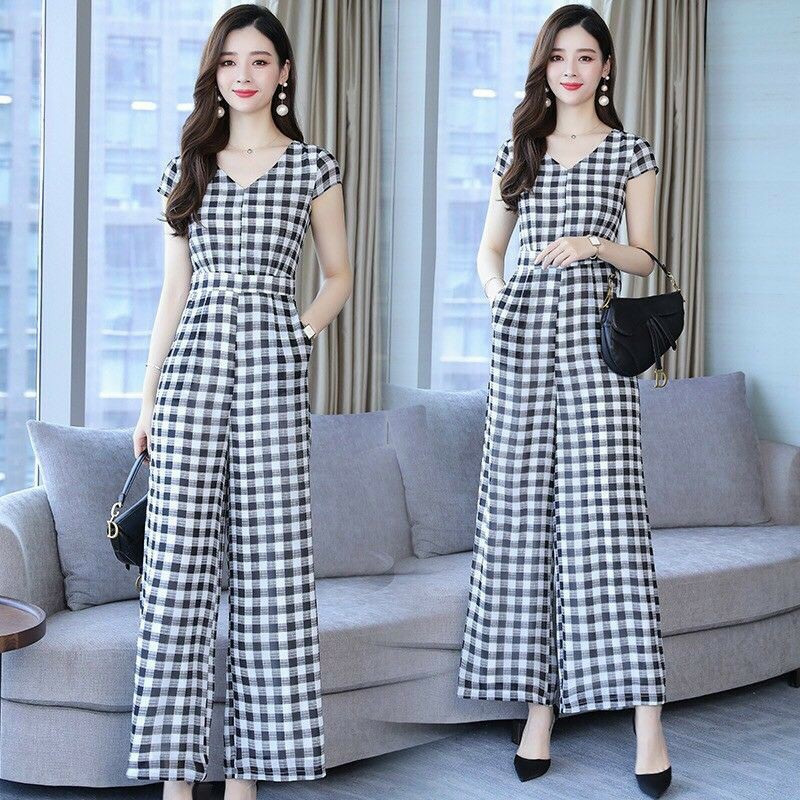 Jumpsuit dài caro tay con, bộ jum đũi pha lụa, đồ bay - DTH