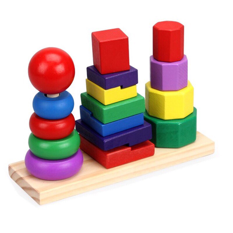 [Nowship] Tháp thả hình khối 3 cọc bằng gỗ montessori đồ chơi thông minh cho bé