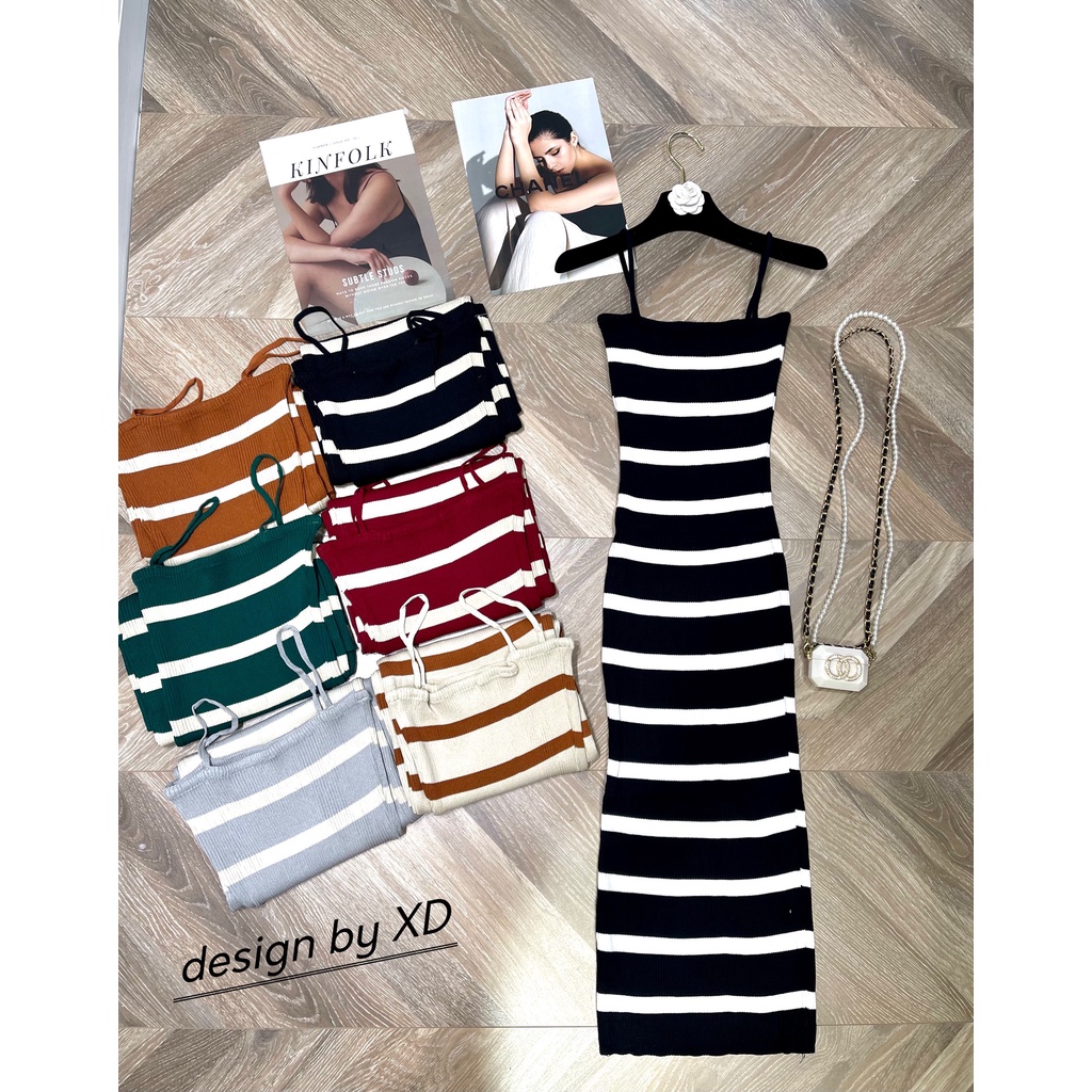 Váy len maxi 2 dây body kẻ sọc pha màu - bigsize mặc được