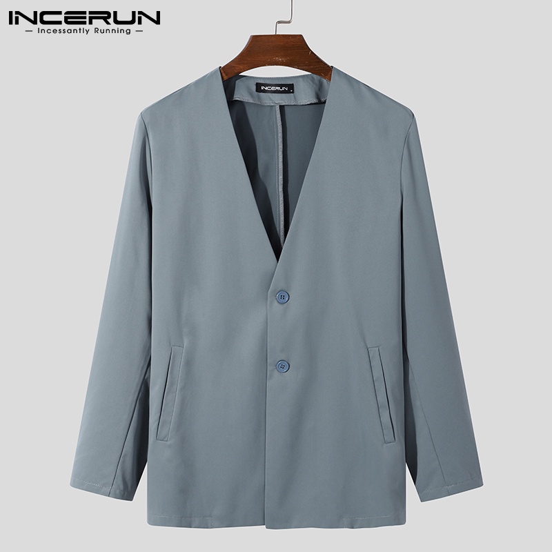 Áo blazer nam INCERUN cài nút dọc màu trơn tay dài cổ chữ V thời trang