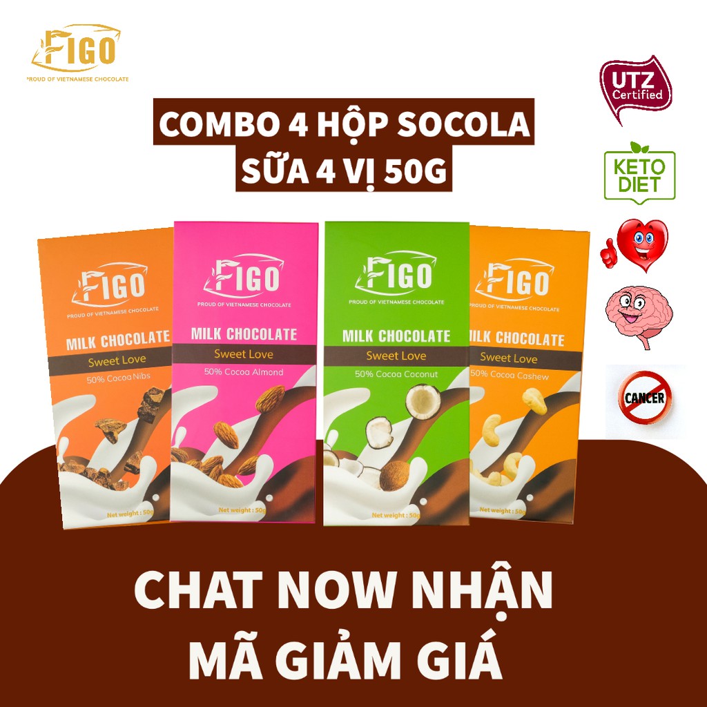 Combo tiết kiệm 4 Socola sữa 50% cacao có hạt Hạnh nhân, Hạt điều, Dừa, Hạt cacao Figo 50g