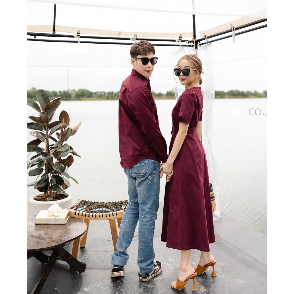 Đầm đôi nam nữ dự tiệc màu mận đầm nữ kèm thắt lưng đồng bộ sang trọng