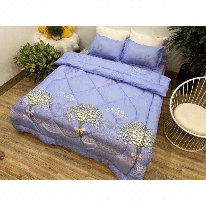 Trọn bộ 5 món ga gối chăn phao poly cotton có ruột bông dày loại 1( ib chọn mẫu ) | BigBuy360 - bigbuy360.vn