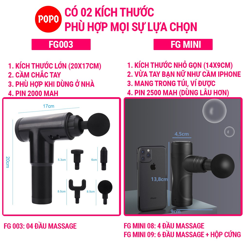 Máy Massage Cầm Tay toàn thân dạng súng massage Facial Gun có 4 đầu massage 6 mức độ giúp tập luyện giảm đau POPO