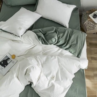 Bộ chăn ga gối cotton tici trắng phối rêu