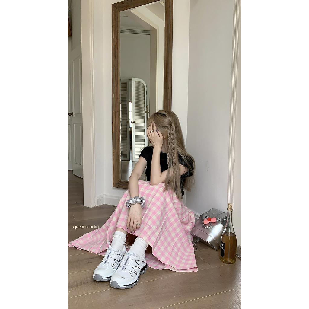 Chân Váy Dài Dáng Chữ A Xếp Ly Sọc Ca Rô Màu Hồng Thời Trang Mùa Xuân 63320