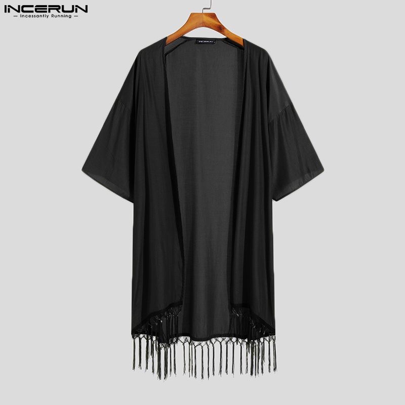 INCERUN Áo Khoác Cardigan Tay 3/4 Dáng Rộng Màu Trơn Phối Tua Rua Thời Trang Mùa Hè Cho Nam Giới 3 Màu Lựa Chọn