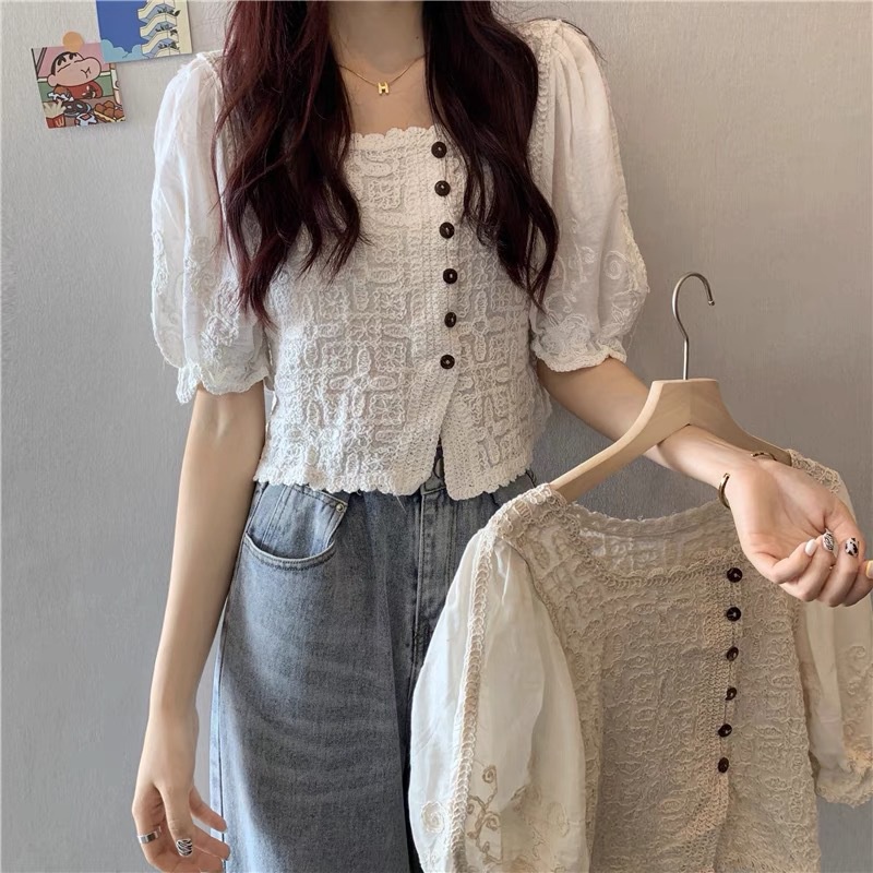 Áo sơ mi kiểu nữ ngắn tay thêu hoa cổ vuông mùa hè phong cách trẻ trung nữ tính ngọt ngào mới