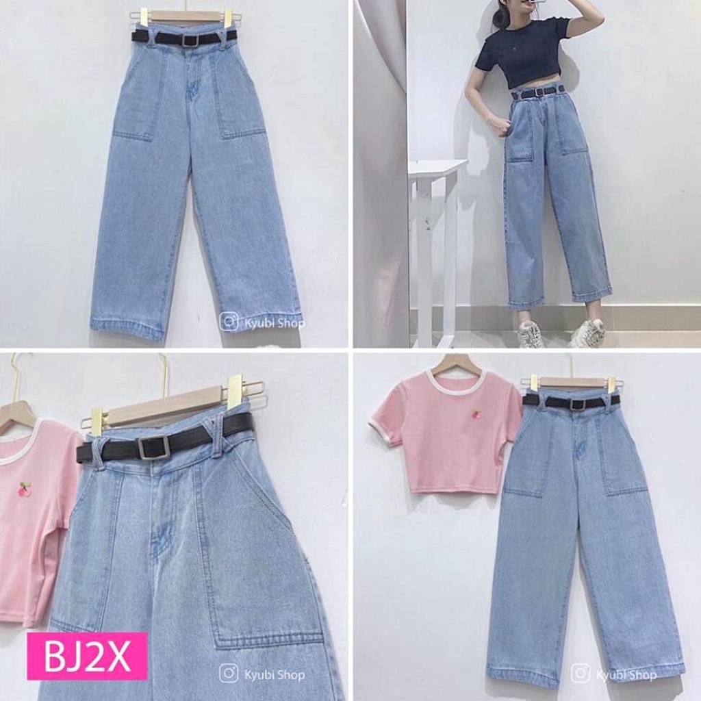 Quần Jean baggy nữ ống rộng suông Ulzzang Kyubi đai lưng cá tính [Có Bigsize, Nhiều Màu]- Jean cullote Kyubi BJR2XL