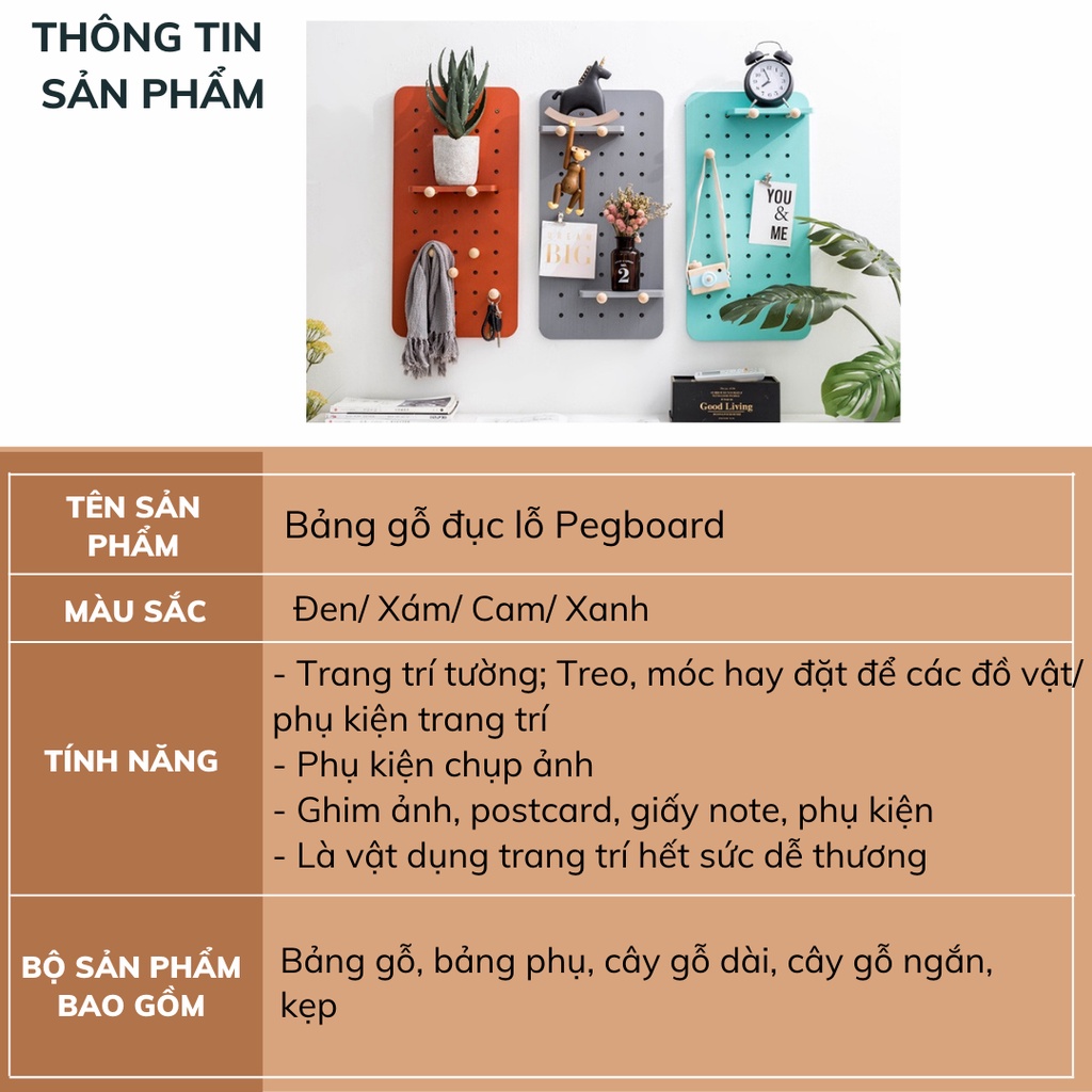 Bảng gỗ Pegboard treo tường nhiều màu sắc kích thước DECOSA