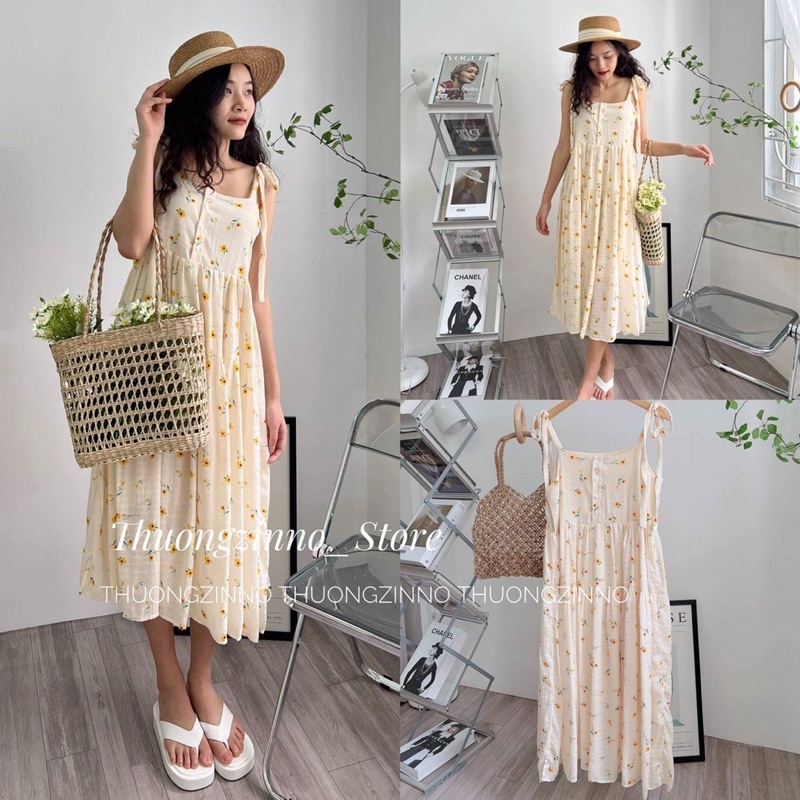 [Siêu hot] Đầm hai dây hoa nhí vàng yellow  Đầm hai dây lụa buộc vai  hoa vintage Hàn Quốc