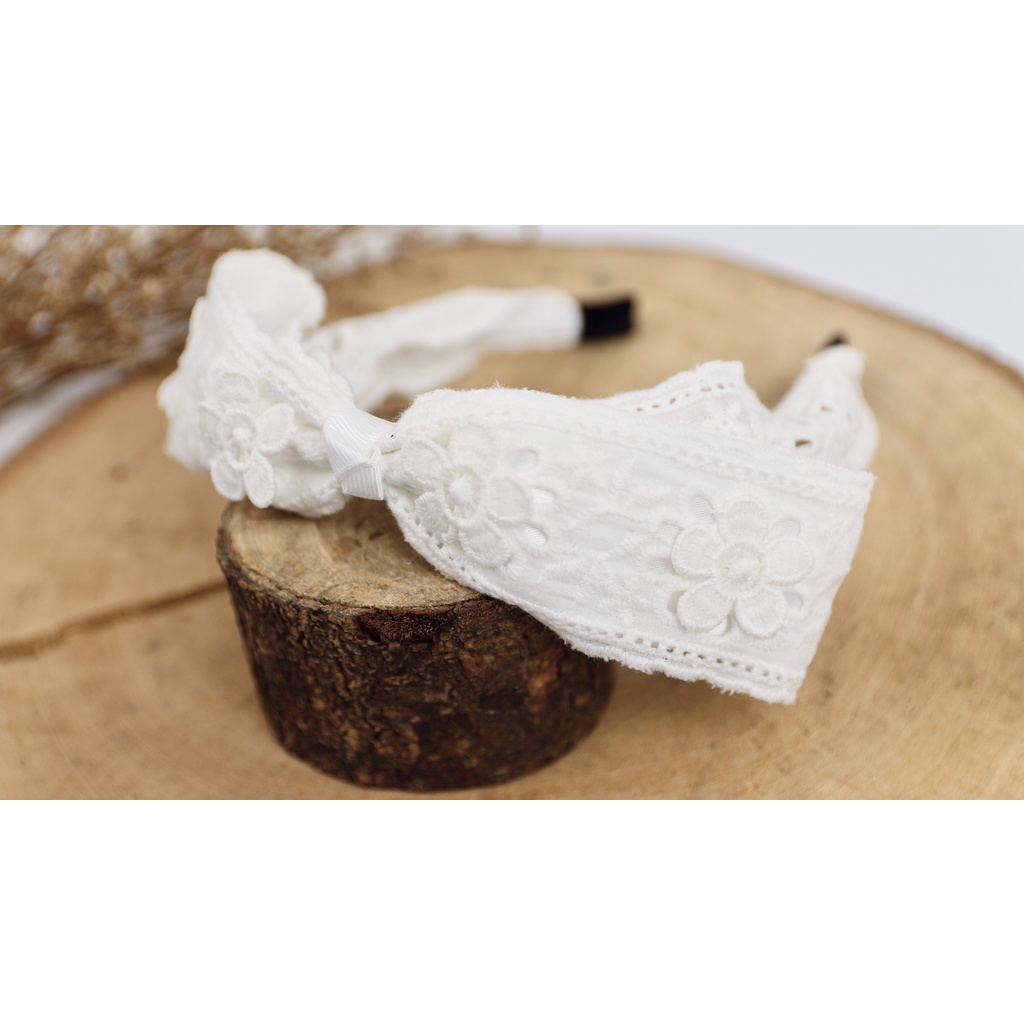 Mẫu băng đô Vintage nơ dài chất ren thêu mềm cho da bé - Kết hoa thêu- Turban, Bờm - Cho bé từ 0 tháng tuổi.