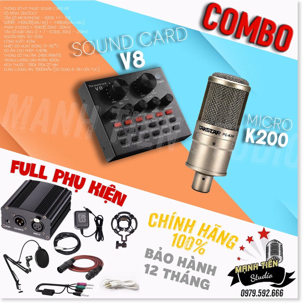 Trọn Bộ Combo Micro Takstar PC-K200 + Soundcard V8 + Full Phụ Kiện hỗ trợ tốt cho karaoke facebook, tiktok