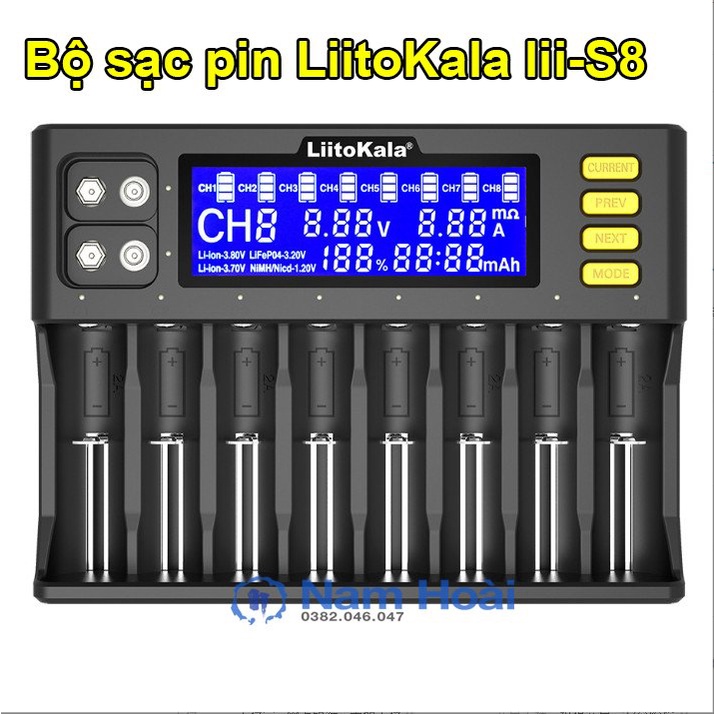 Bộ sạc pin Liitokala Lii-S8 8 khe cắm sạc cho pin 9V 18650 26650 21700 26700 AA AAA...