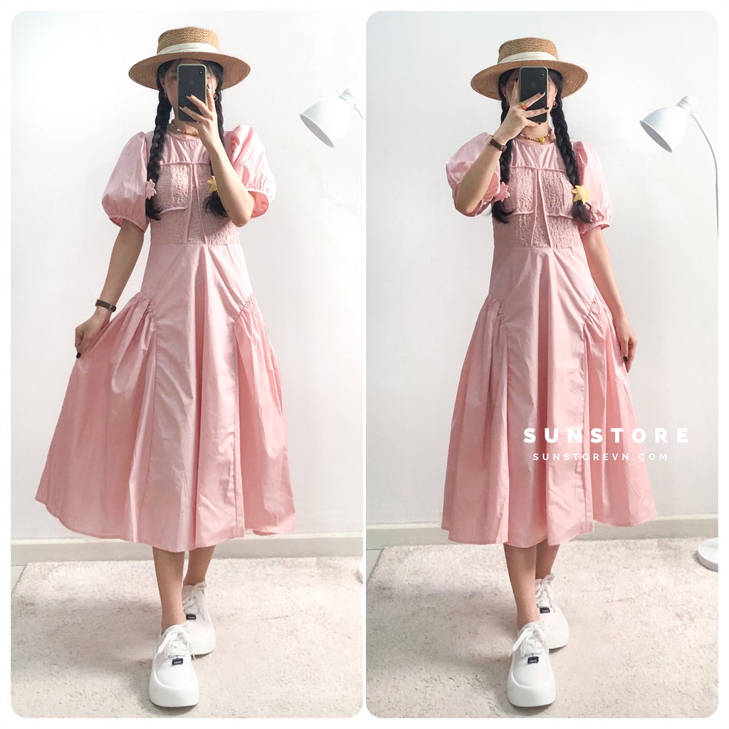Đầm tay phồng dáng dài midi váy xoè tiểu thư màu hồng