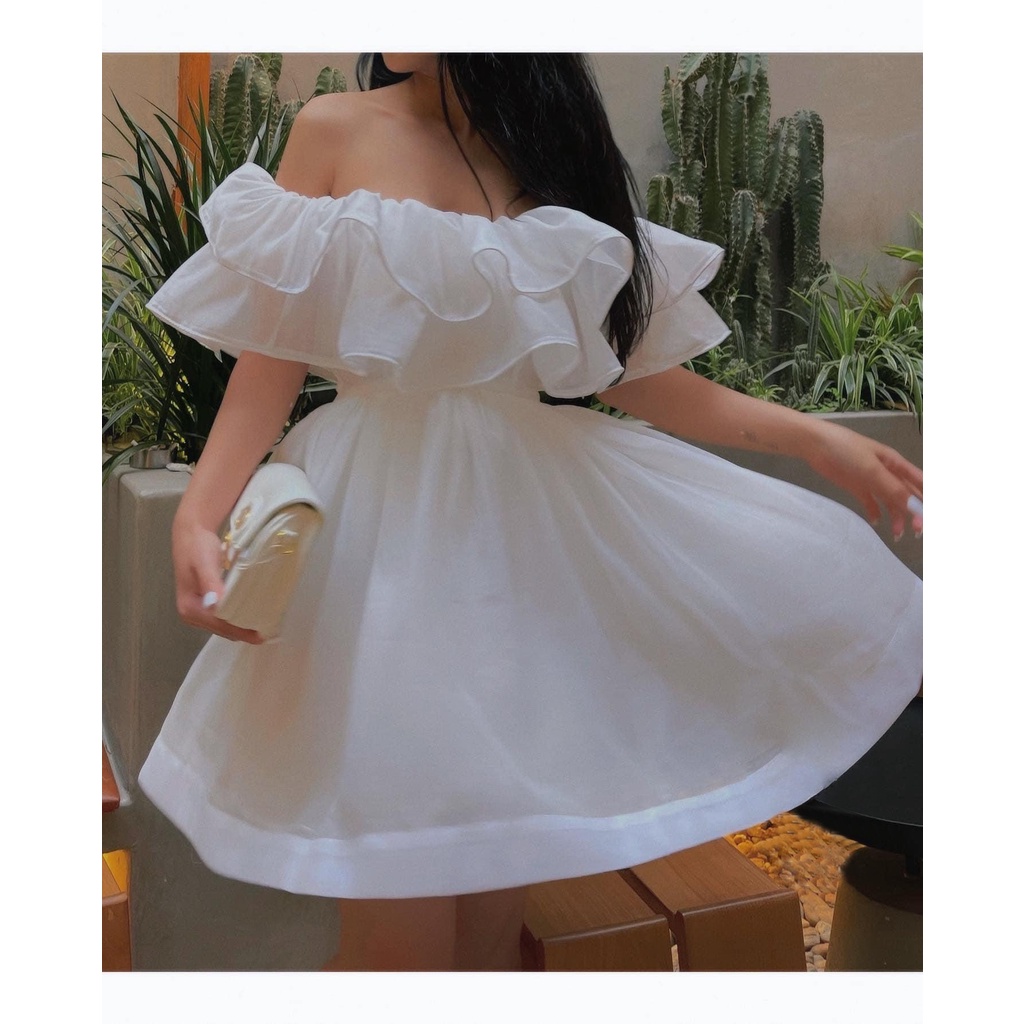 Đầm Dáng Xòe Trễ Vai Bèo Tầng Tôn Dáng - Vải Xô Xốp + Lót Toàn Thân - 3 Màu Hồng, Trắng, Xanh - Du Lịch, Dạo Phố