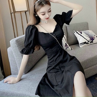 Đầm váy cổ vuông nút bọc 2 màu (kèm hình thật)