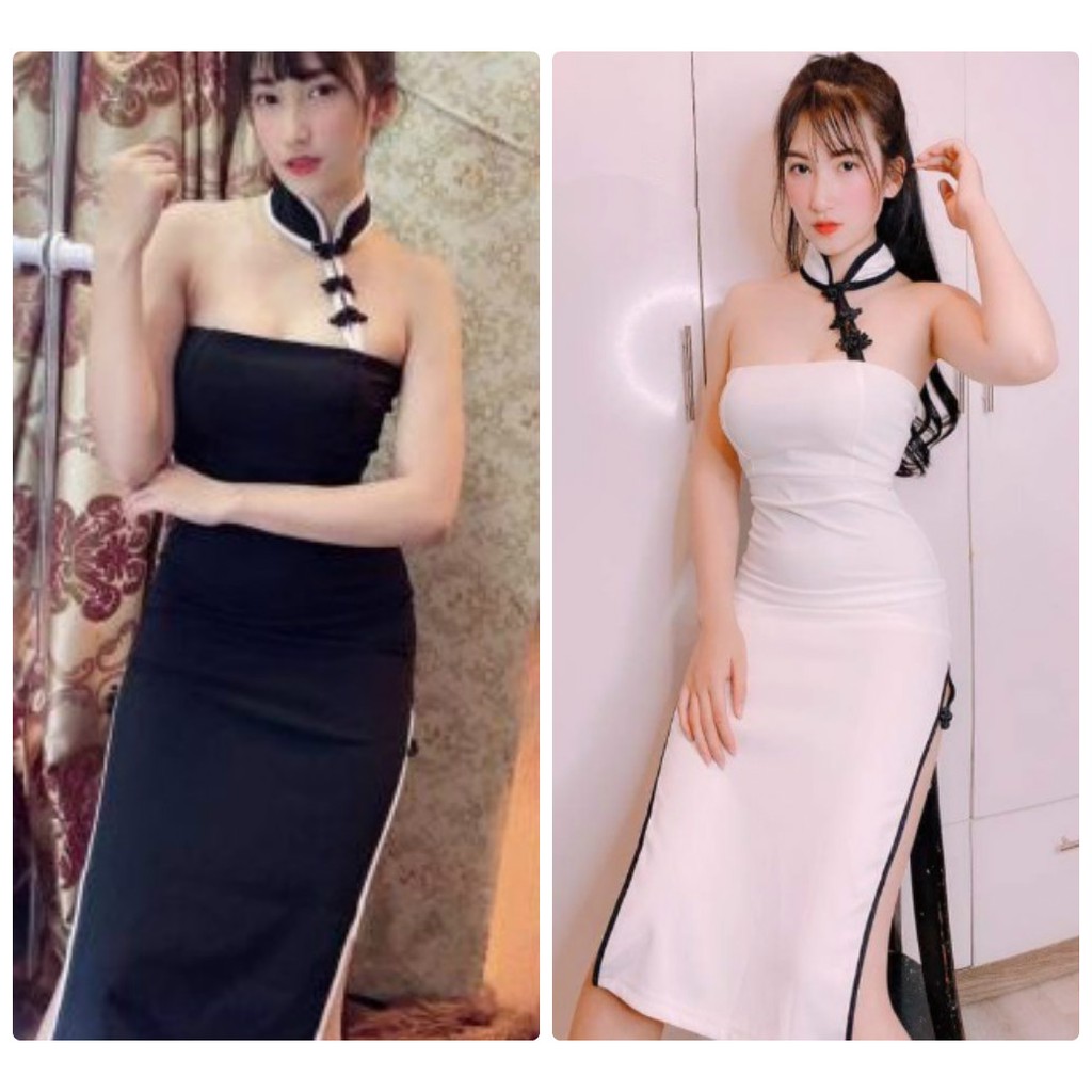 Đầm body cúp ngực sườn xám đính nút cổ tàu sexy