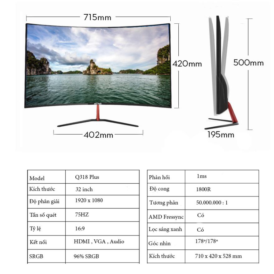 Màn hình Máy Tính 32 Inch Cong Chuyên Game ATAS Q318 Plus - AMD Fresssync - Tần số 75HZ | WebRaoVat - webraovat.net.vn