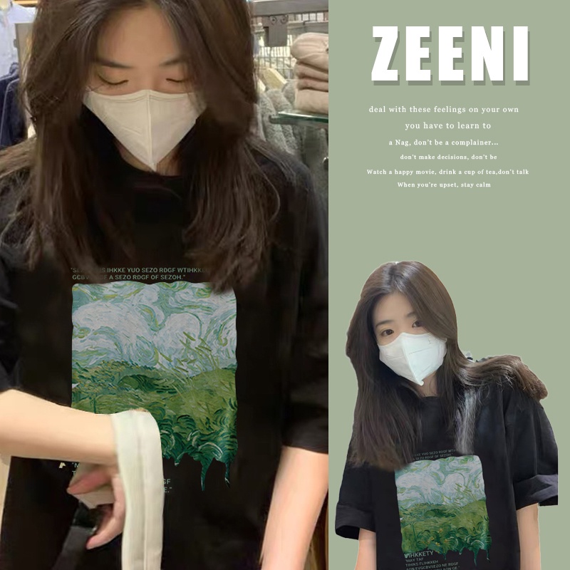 Áo thun SELVZE cotton tay ngắn dáng rộng in họa tiết phong cách Mỹ cổ điển thời trang cho nữ