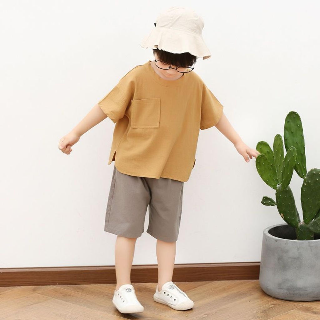 Đồ bộ bé trai Hàn Quốc xuất xịn Binbon kids, Bộ cộc tay cho bé trai QA68 chất đũi nhăn siêu mát cho bé từ 8-28kg