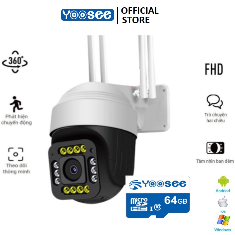 Camera wifi Camera yoosee Ptz 4 râu 14 LED ngoài trời Xoay 360 độ 5.0Mpx Full HD Siêu sắc nét - XEM ĐÊM CÓ MÀU BH 5 NĂM
