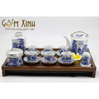 ấm chén Bát Tràng_Bộ ấm tích 0.75 lít men Lam Cổ kèm phụ kiện