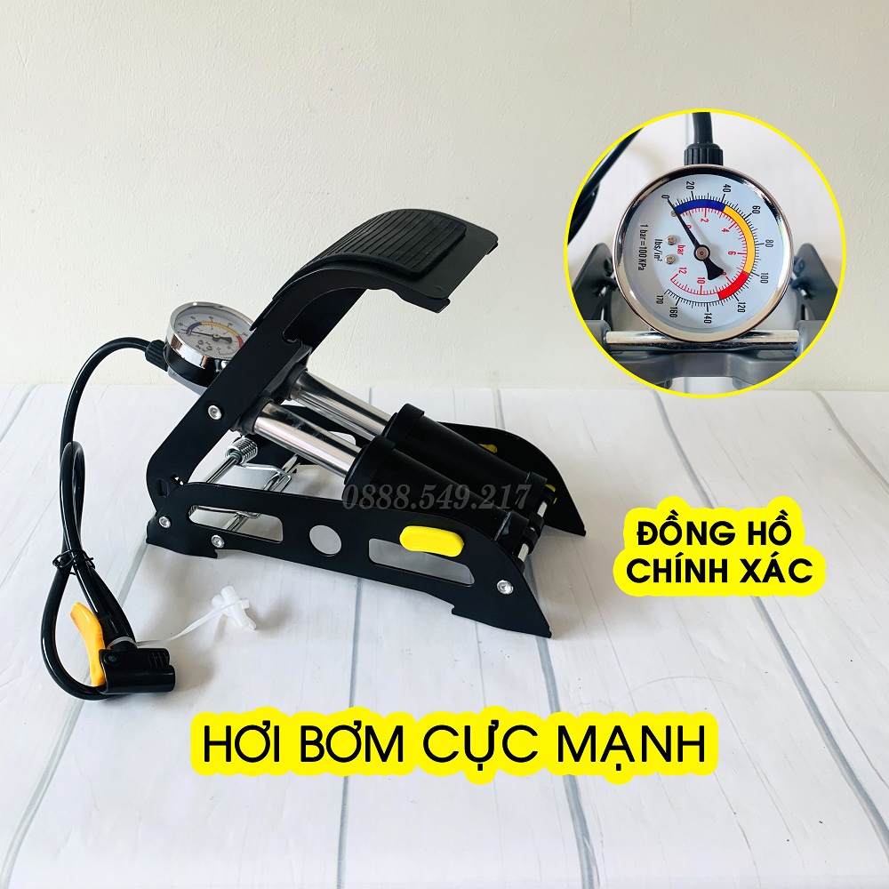 Bơm Xe Đạp Chân Siêu Khỏe Đồng Hồ Chính Xác - Bơm Mini 2 pitton Dùng Cho Ôto, Xe Máy, Xe Đạp Siêu Khỏe Nhanh Đầy Cực Kì