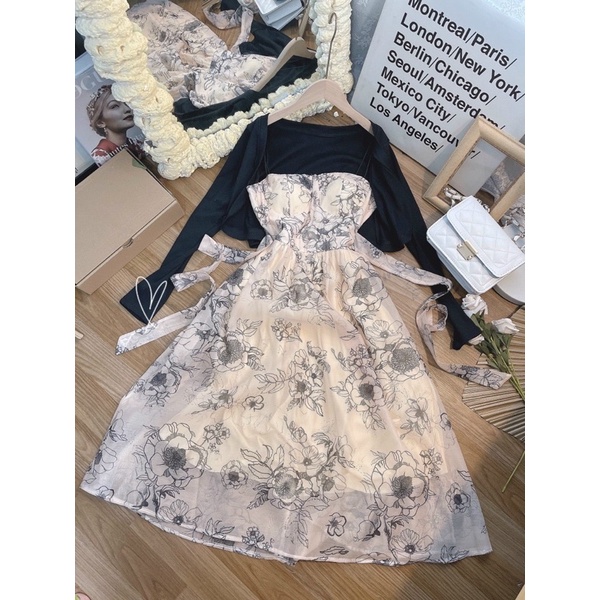 SET ĐẦM MIDI 2S BÚN HOA NUDE CỘT EO +  KHOÁC ĐEN