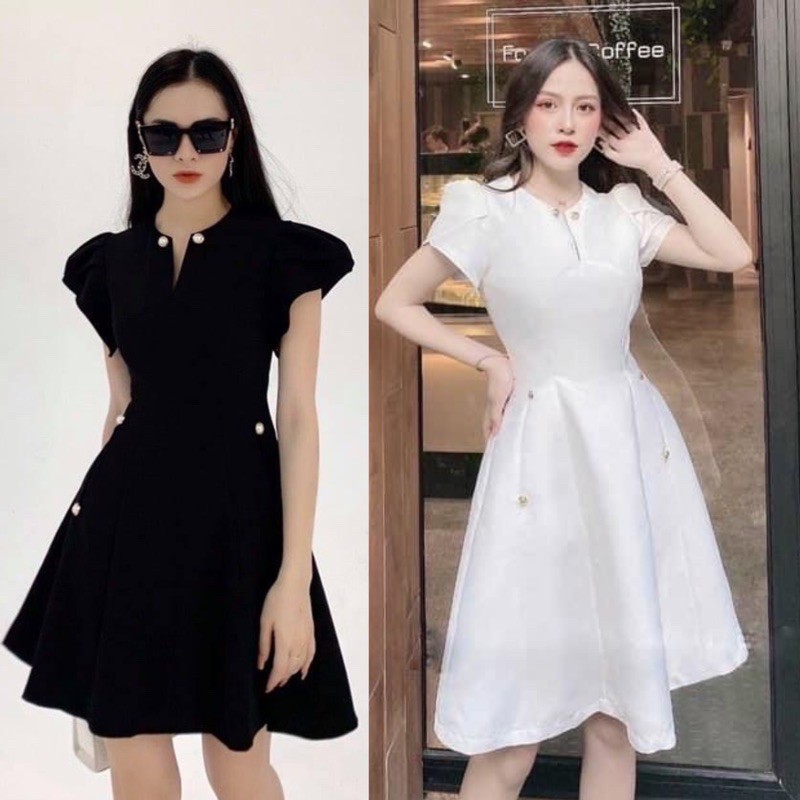 Đầm dáng xoè tay bồng phối nút sang trọng