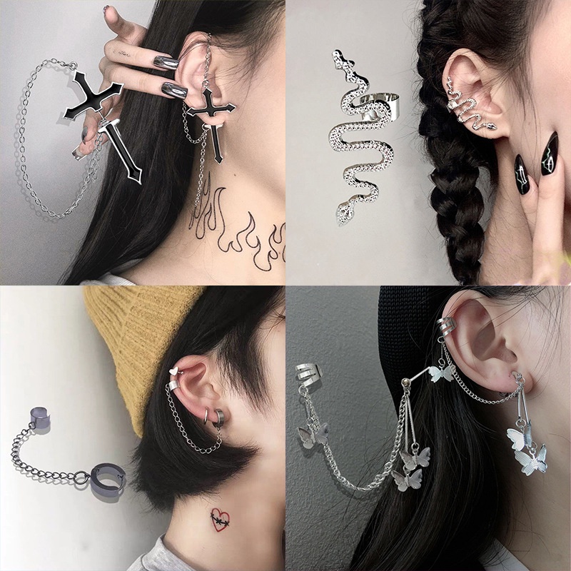 1 Đôi Bông Tai Dài Tua Rua Đính Đá Zircon Màu Bạc Hình Bướm / Thánh Giá Phong Cách Punk Hip Hop Thời Trang Cho Nữ