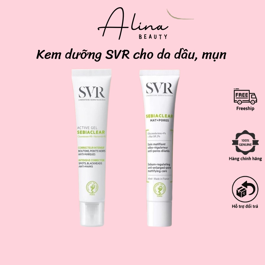 Kem dưỡng SVR Sebiaclear Active/ SVR Mat + Pores 40ml giảm mụn, bóng nhờn, se lỗ chân lông - Mẫu Mới