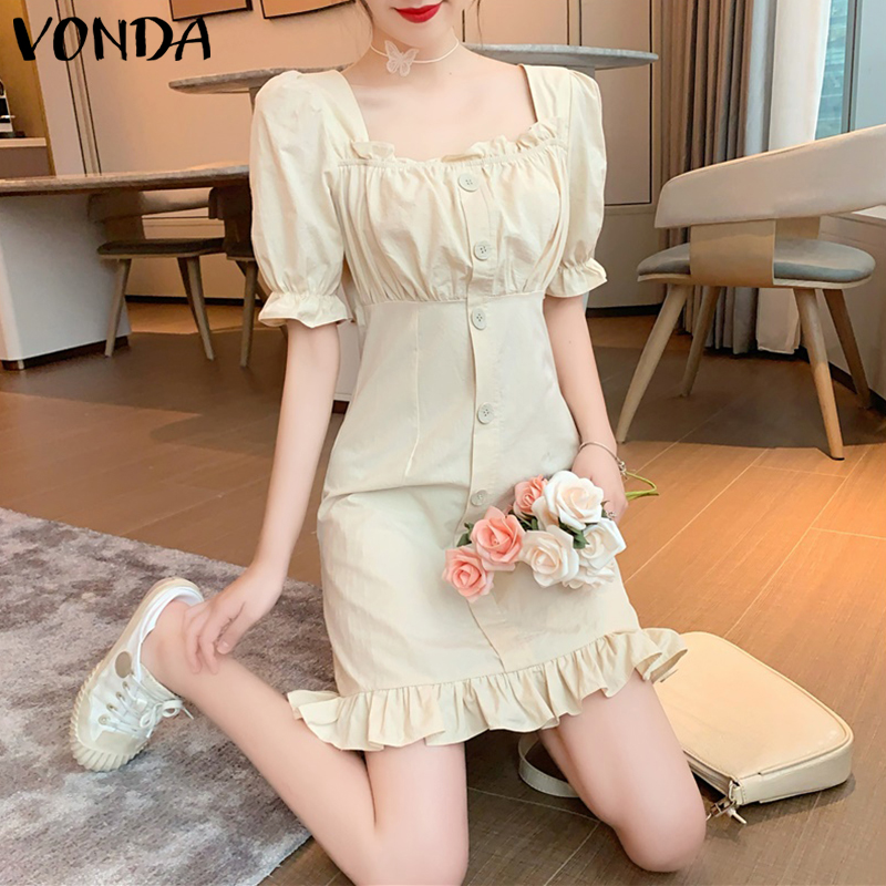 VONDA Women Korean Short Sleeve Square Collar Button Down Holiday Pleated Ruffled Mini Dresses