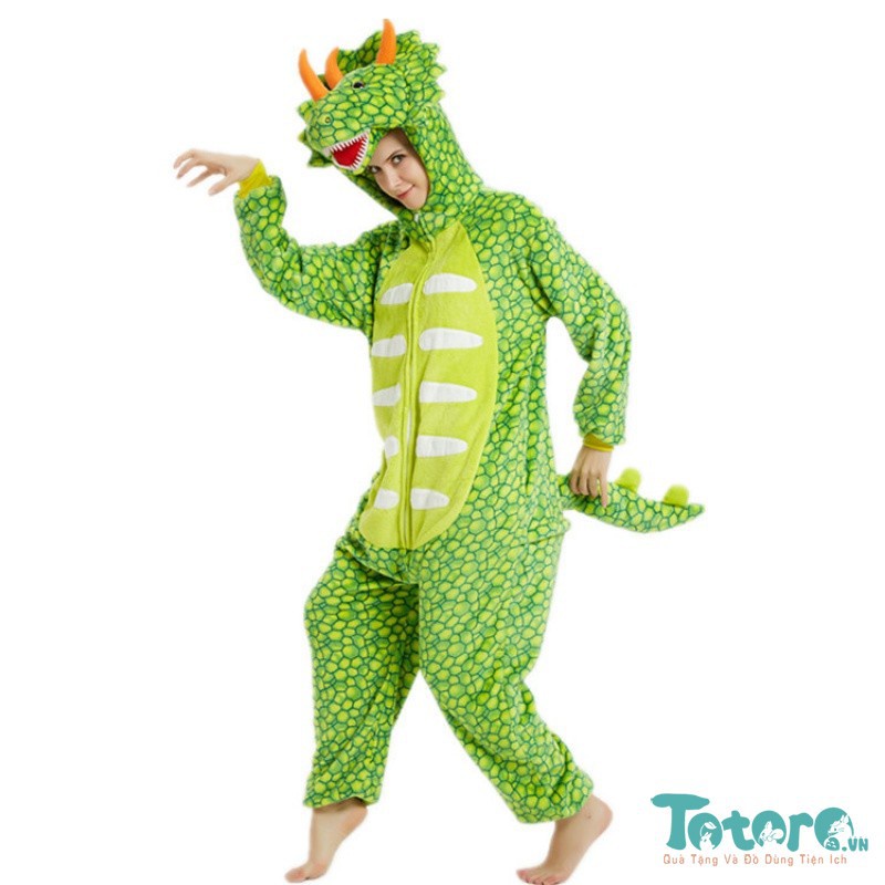 Bộ đồ liền thân Khủng Long Triceratops Xanh lá Đậm - Xanh lá Nhạt - Đỏ