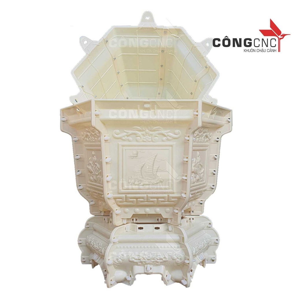 Khuôn Chậu Cảnh ABS Lục Giác 60 Sen - Phúc Lộc Thọ- Cá Chép- Tài Lộc + Khuôn Chân Đôn Kỷ đổ úp đáy 60 - LG60SPLTDK