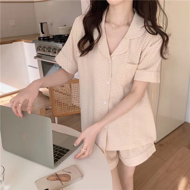 Bộ Đồ Ngủ Áo Tay Ngắn Và Quần short Dáng Rộng Màu Trơn Thời Trang Mùa Hè Cho Nữ Sinh