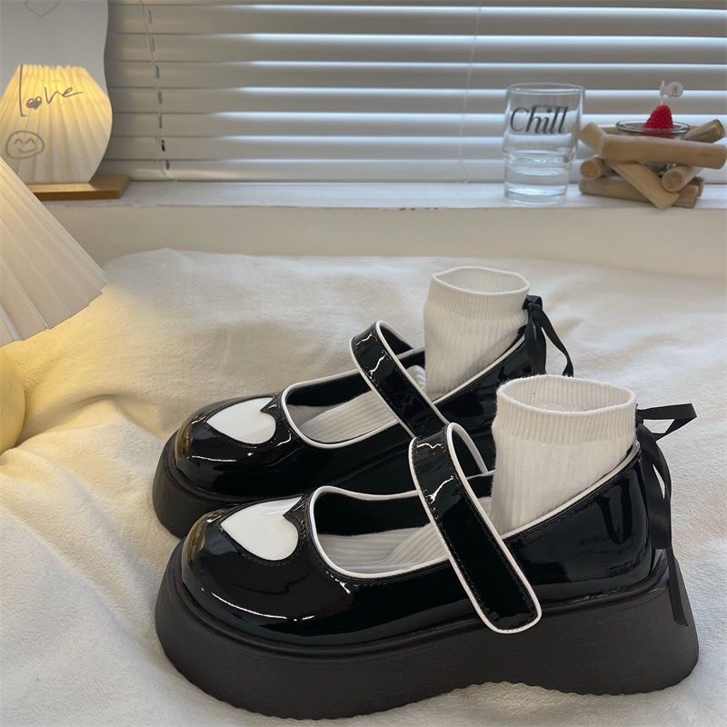 Giày Oxford nữ đế cao, Giày da đế dày mũi tròn trái tim phong cách ulzzang