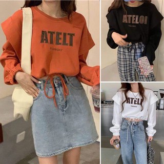 Áo croptop dài tay nỉ ATEL rút gấu tay phối bèo phom rộng dáng suông cực xinh chất nỉ giá siêu rẻ WK039