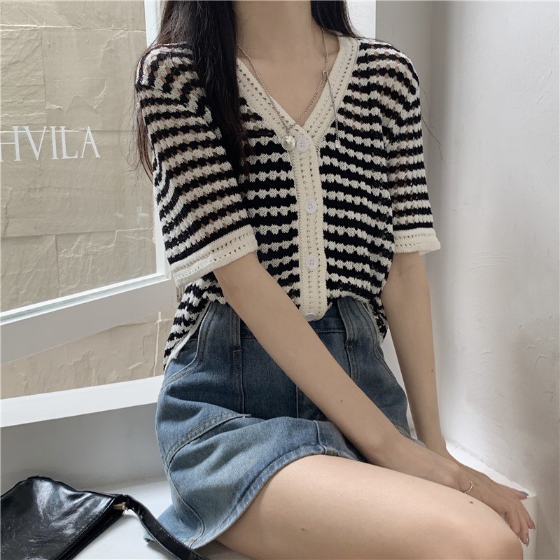 Áo cardigan ngắn tay mỏng dệt kim cổ V Thời Trang Mùa Hè Cho Nữ Quảng Châu cao cấp Kozoda M85