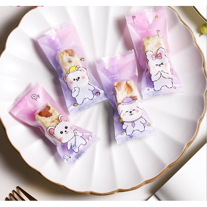 Túi kẹo nougat ~ Thỏ trắng nền hồng ,gấu nâu