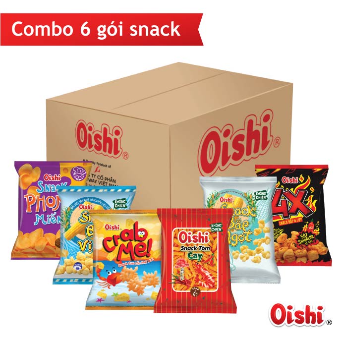 Combo2 - 6 gói snack Oishi 35g (Snack: Cua Lắc Phô Mai, 4X Vị Cay, Phomat Miếng, Bắp Ngọt, Bắp Vị Sữa, Tôm Cay)