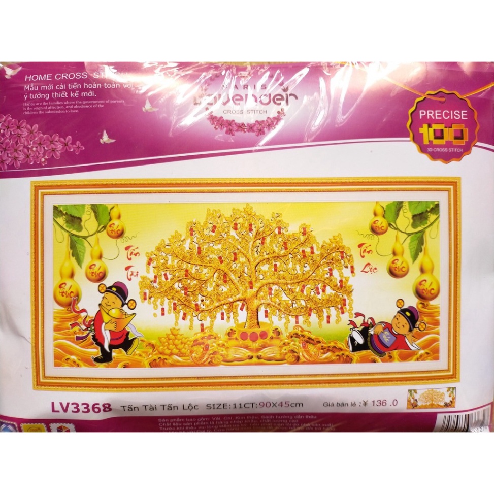 Tranh thêu chữ thập cây tiền vàng thần tài LV3368 - 90 x 45 cm - chưa thêu
