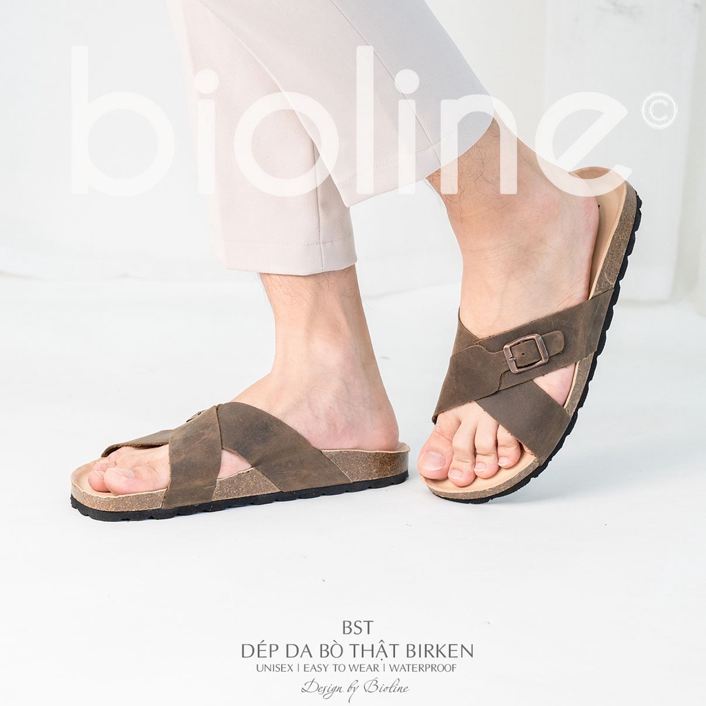DK17-LÓT CHỐNG NƯỚC - Dép đế trấu BIRKEN da bò thật nam nữ unisex quai ngang đi trong nhà chính hãng BIOLINE OFFICIAL
