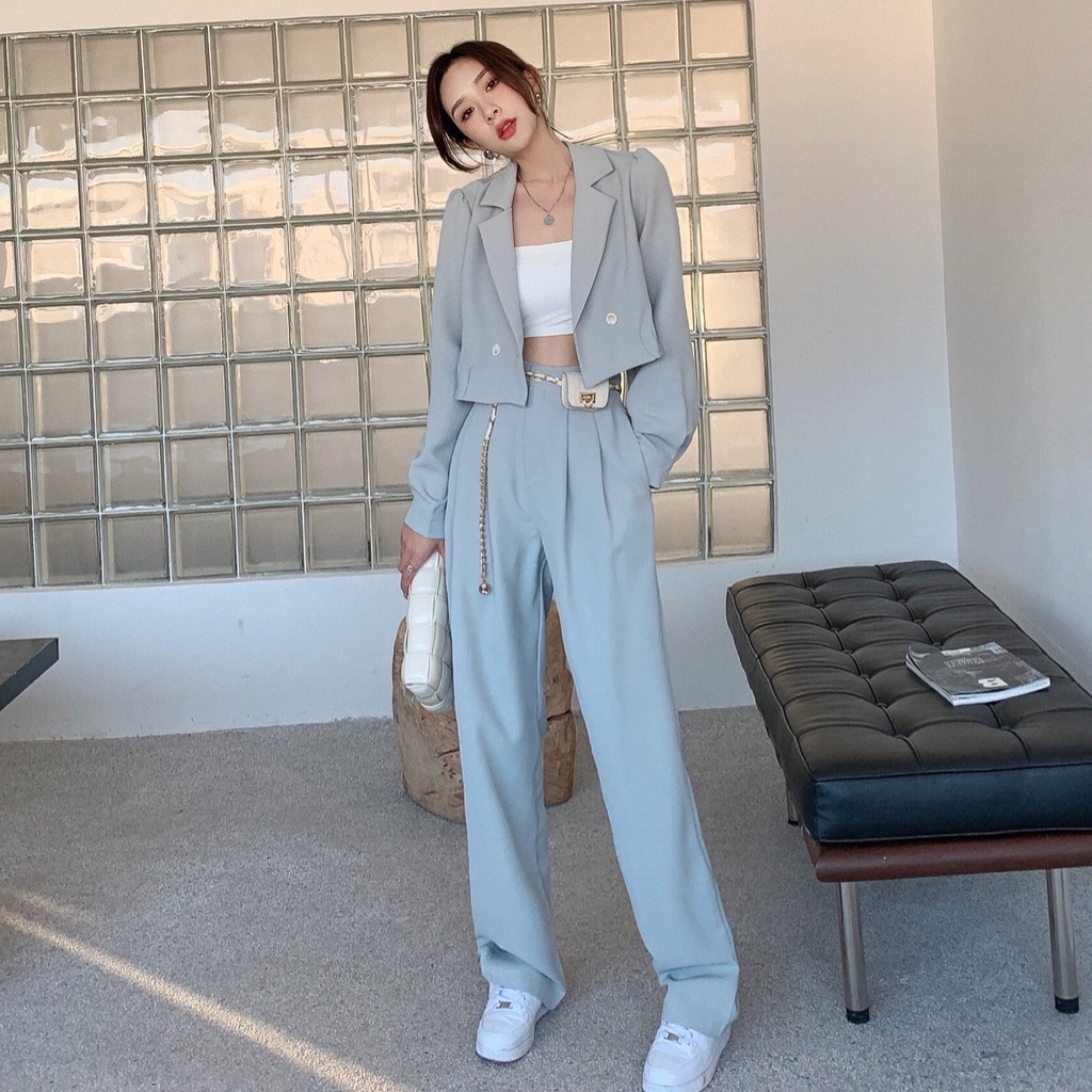 Set áo blazer croptop kèm quần suông rộng thời trang Hàn Quốc-HC893.Ảnh thật 3 hình cuối
