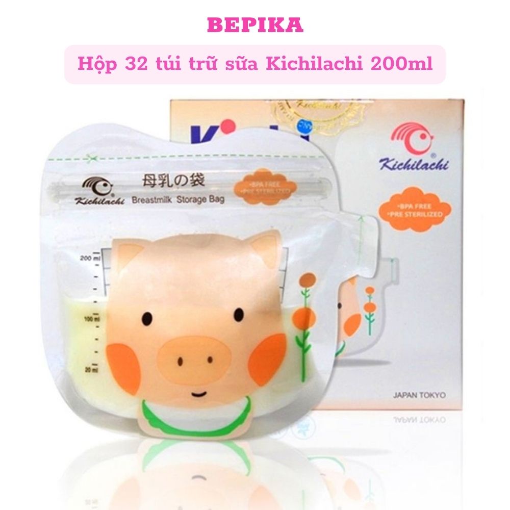 Hộp 32 túi trữ sữa Kichilachi có 200ml có vòi rót, không chứa BPA hình heo cho bé