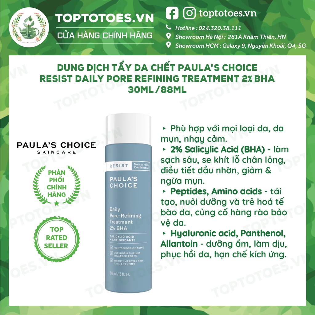 Dung dịch tẩy da chết và trẻ hoá da Paula's Choice Resist Daily Pore Refining Treatment 2% BHA 30ml &amp; 88ml [NKCH 100%]