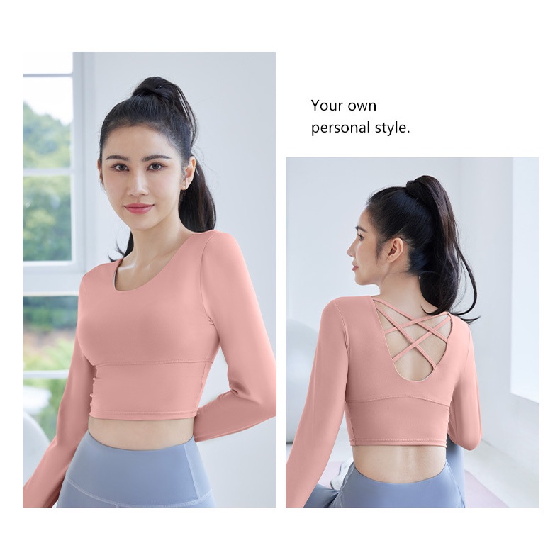Áo Thun Thể Thao Tay Dài Có Mút Đệm Ngực Dây Chéo Lưng Thoáng Khí Tập Yoga